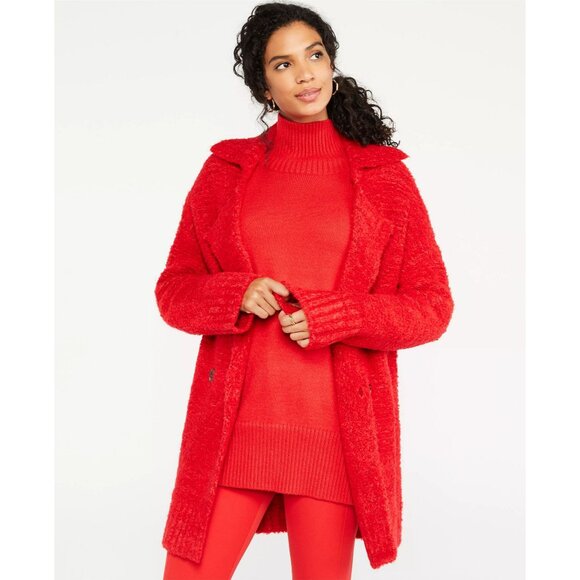 ANN TAYLOR Boucle Double Breasted Coatigan XS Sweater Coat Solid Red Preppy Bold - Picture 1 of 6